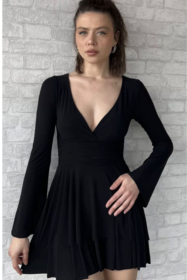 Siyah Kadın V Yaka İspanyol Kol Kat Kat Pileli Likralı Elbise