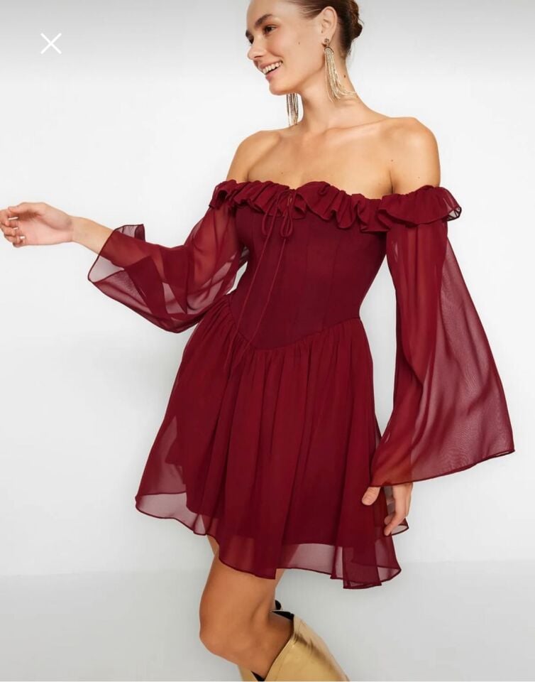 Mezuniyet Balo Şifon Dokuma Carmen Yaka Uzun Kol Skater Mini Elbise