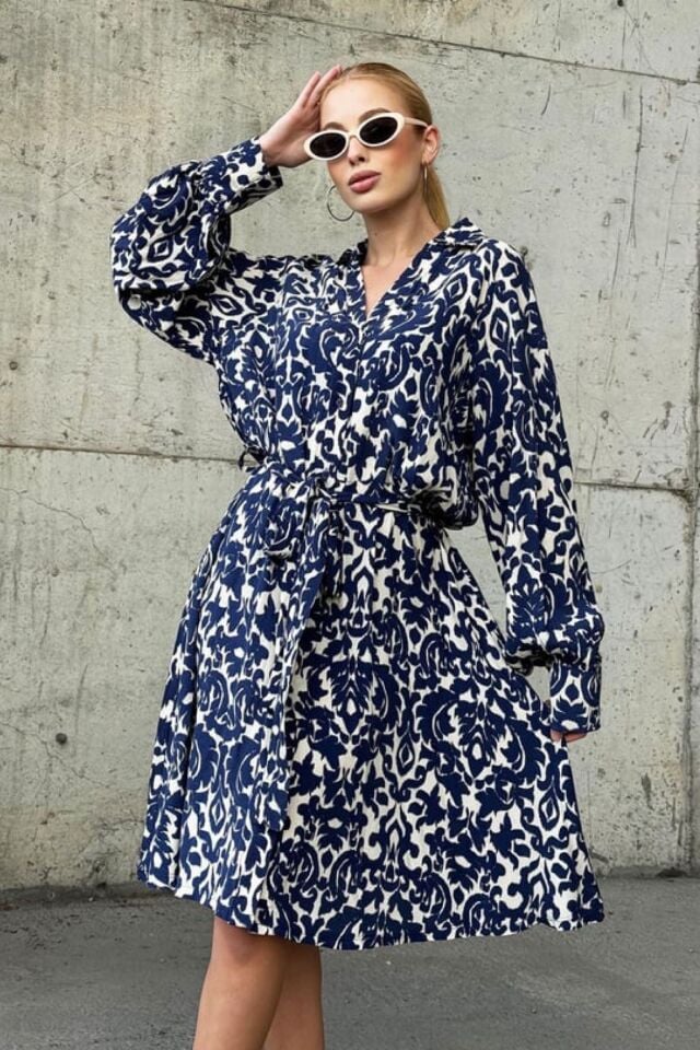 Kadın Lacivert Gömlek Yaka Önü Düğmeli Kuşak Detaylı Dokuma Elbise