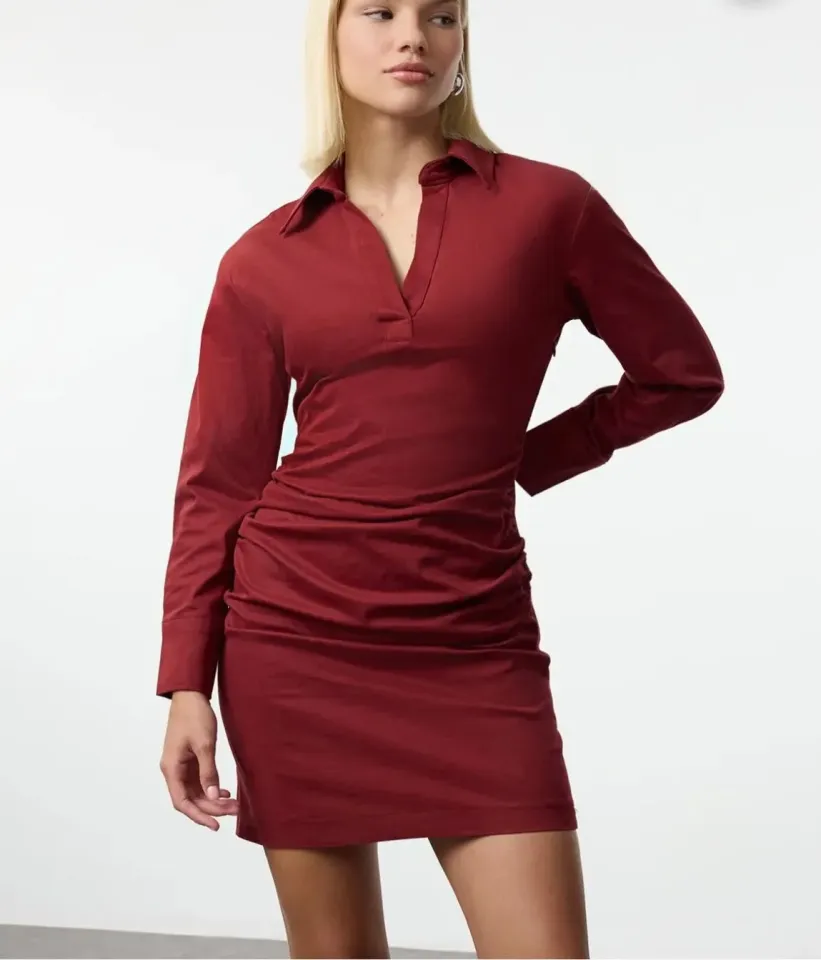 Bordo Düz Vücuda Oturan Drape Detaylı Dokuma Elbise