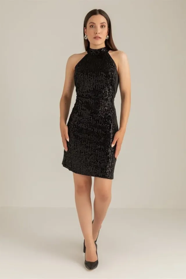 Halter Yaka Payetli Abiye - SİYAH