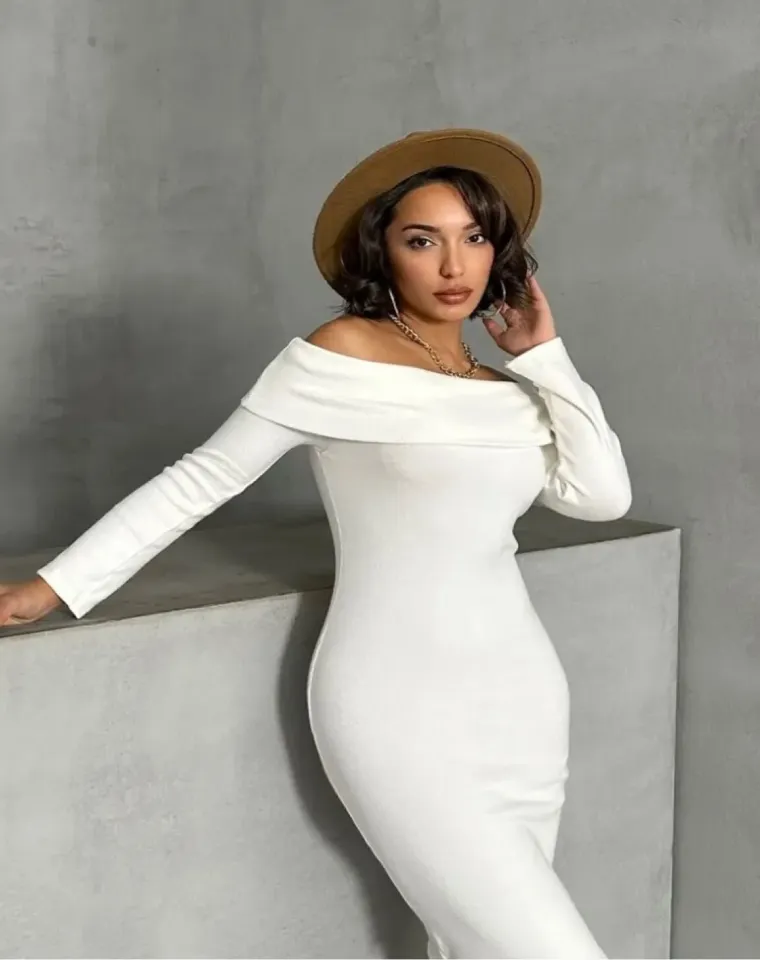 Beyaz Uzun Drapeli Kadın Elbise