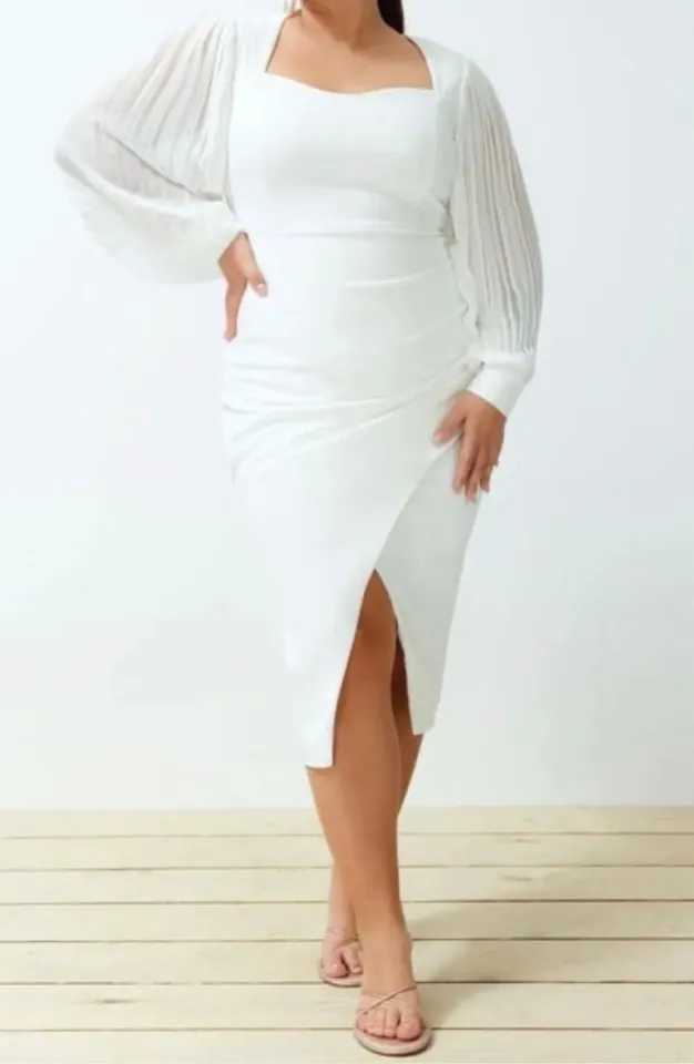 Beyaz Uzun Kol Yırtmaçlı Dokuma Büyük Beden Bridal/Şık/Gece/Nikah Elbise