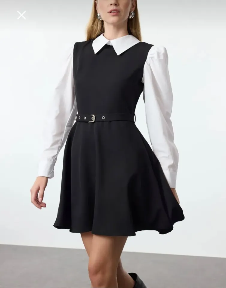 Siyah Kemerli Belden Açılan Gömlek Detaylı Mini Dokuma Elbise