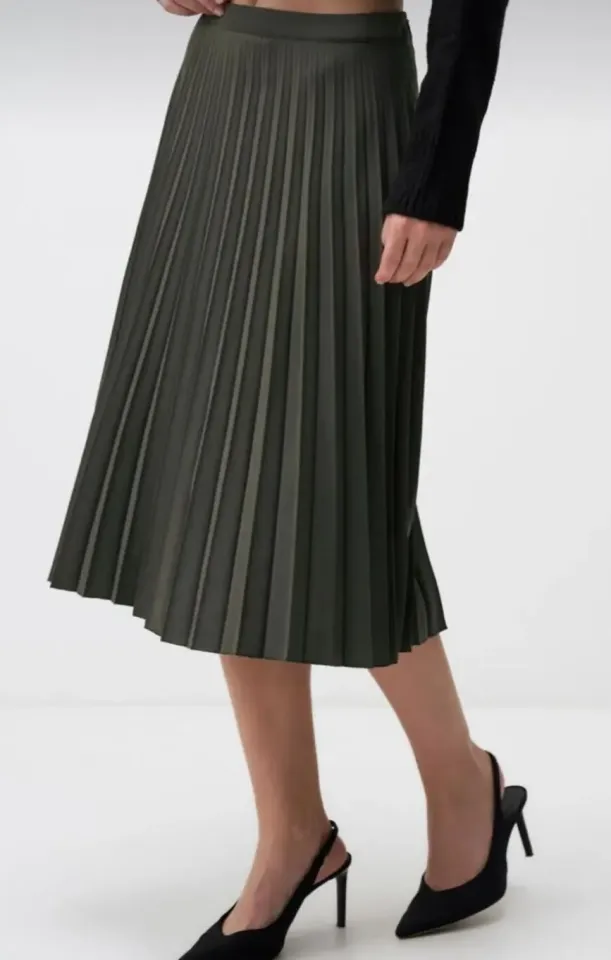 Haki rahat kesim piliseli yüksel bel midi etek