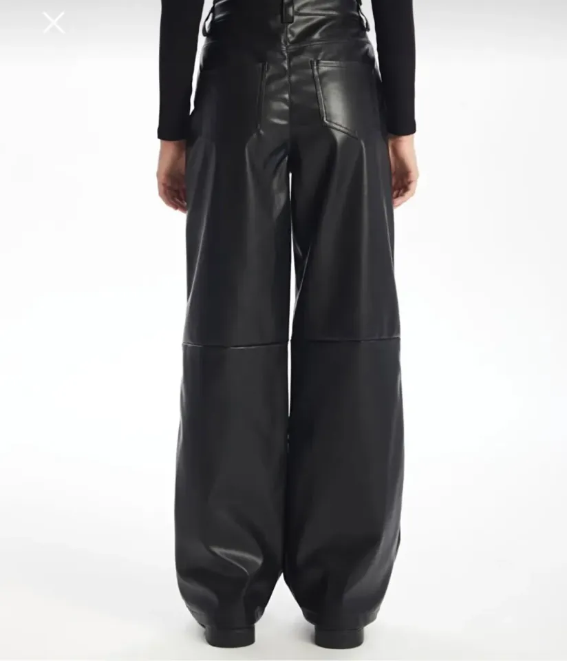 Kadın Siyah Deri Düz Paça Pantolon