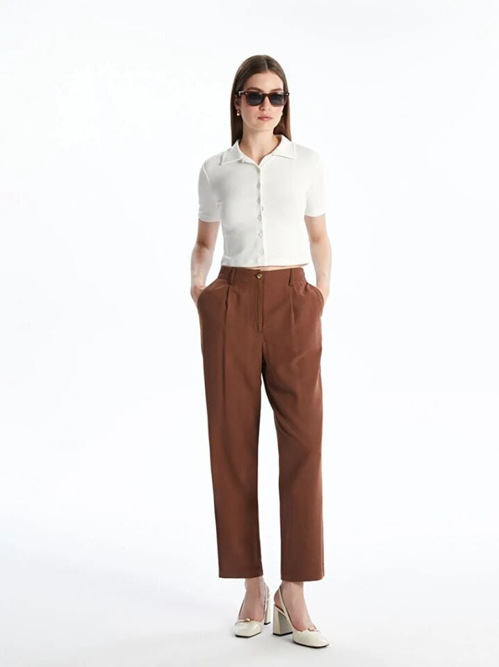 Kahverengi Keten Karışımlı Kadın Pileli Pantolon