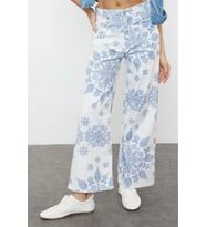 Kadın Moda Şık Kot Pantolon Geniş Paça Kısa Boy Denim Çiçek Baskılı Yüksek Bel Culotte Jeans