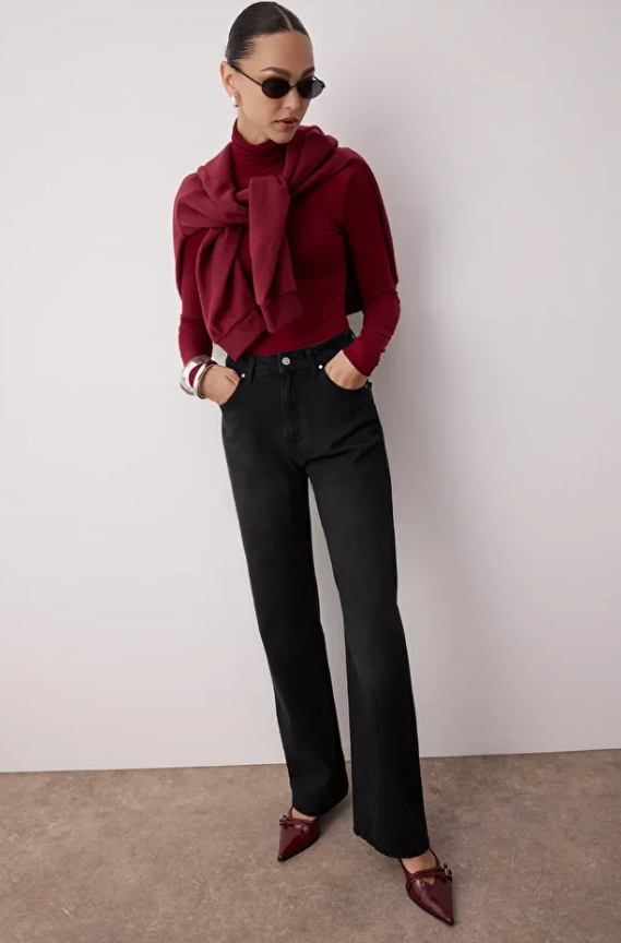 Siyah Yüksek Bel Geniş Paça Wide Leg Jeans - 44 Beden